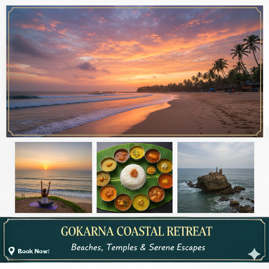 “Gokarna tour package – Om Beach, Kudle Beach, Mahabaleshwar Temple, and scenic coastal cliffs.”