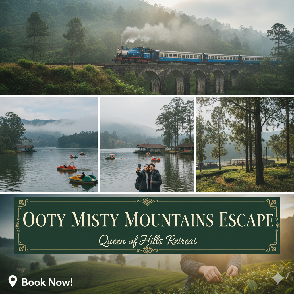 “Ooty tour package – Ooty Lake, Botanical Garden, Doddabetta Peak, and Nilgiri hills.”