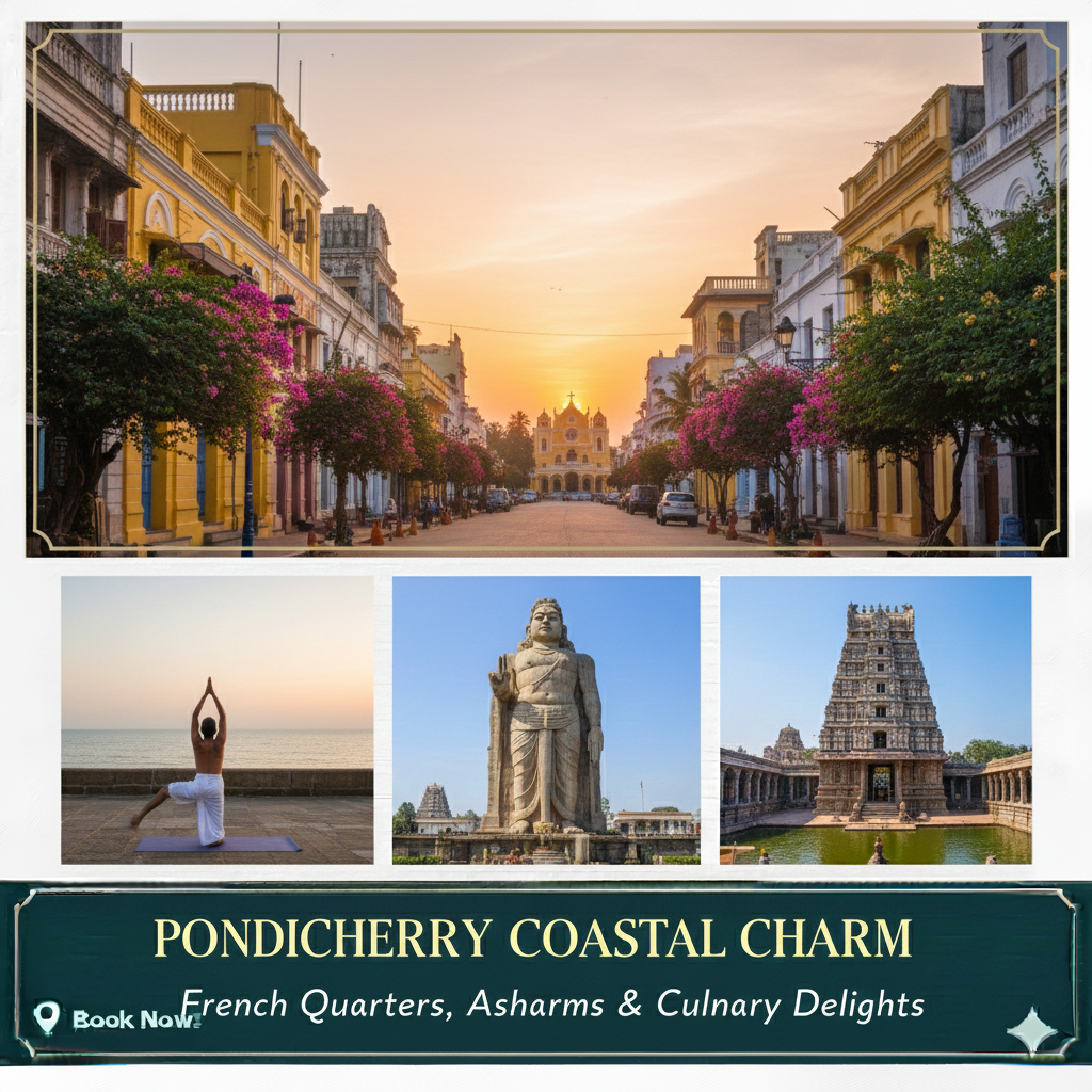 “Pondicherry tour package – White Town, Promenade Beach, Auroville, and French Colony streets.”