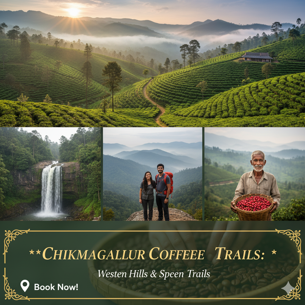 “Chikkamagaluru tour package – coffee plantations, Mullayanagiri Peak, Baba Budangiri, and scenic hills.”