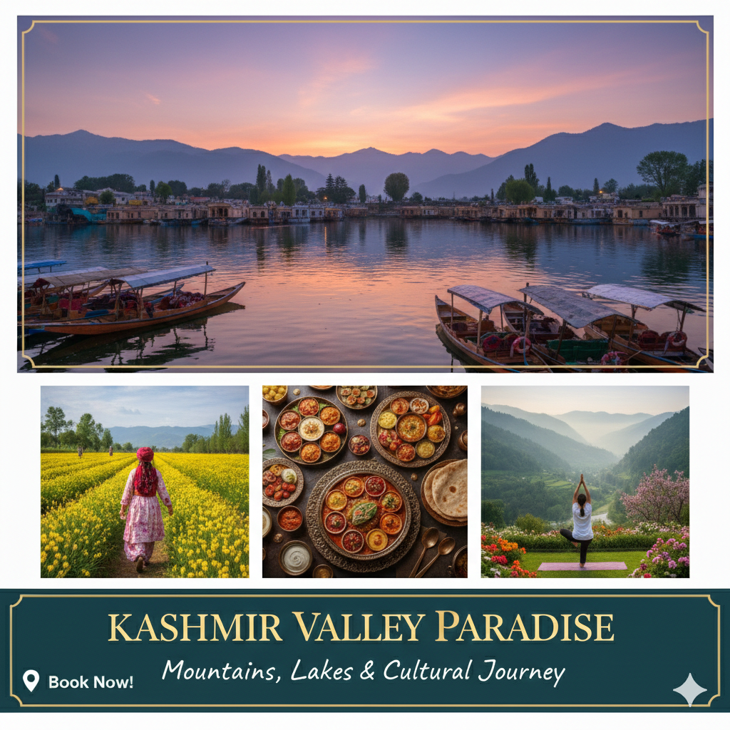 “Kashmir tour package – Srinagar Dal Lake, Gulmarg, Pahalgam, and snow-capped mountains.”