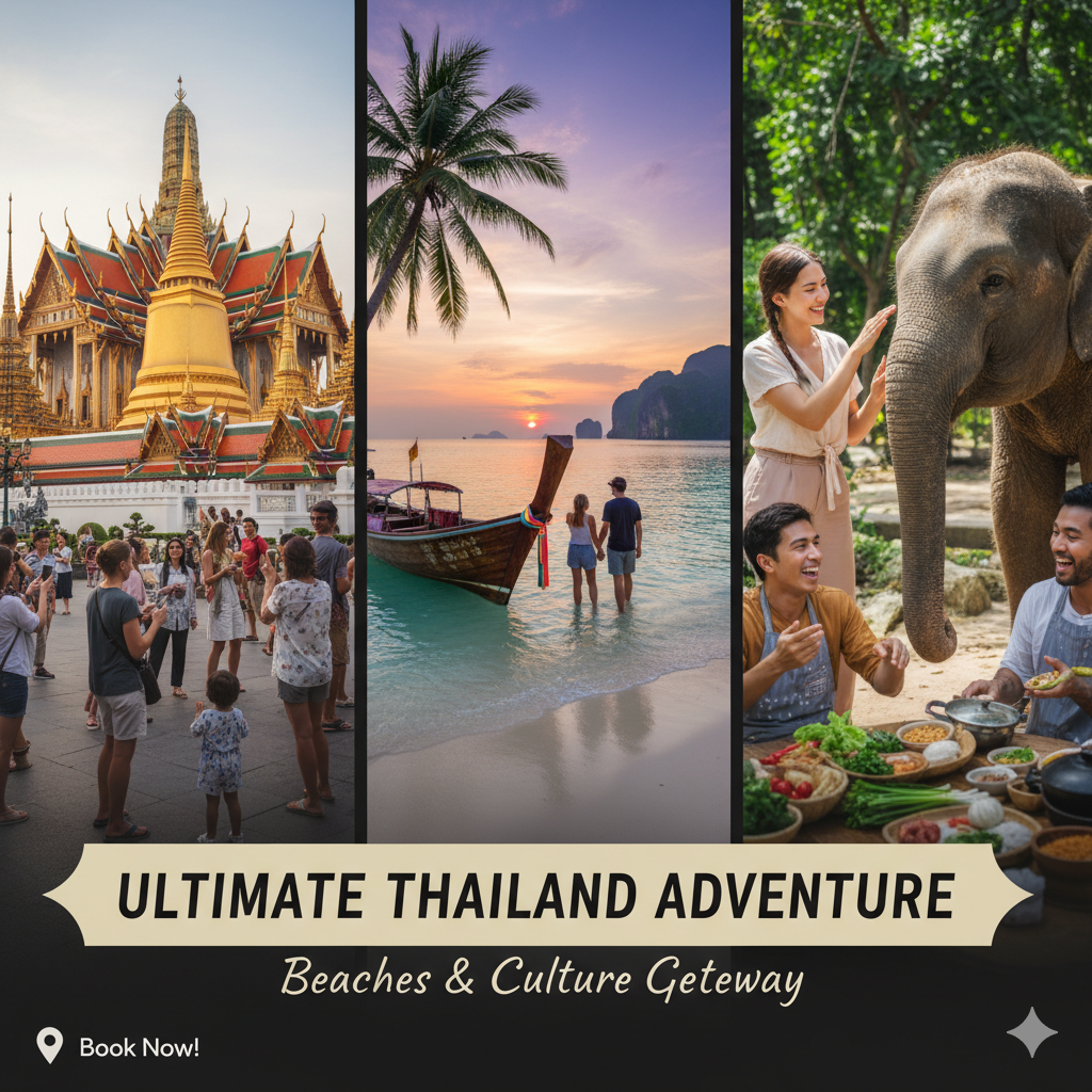 “Thailand tour package – Bangkok, Pattaya, Phuket, temples, beaches, and cultural sightseeing.”