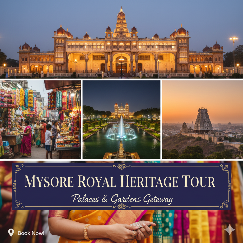 “Mysore tour package – Mysore Palace, Chamundi Hills, St. Philomena’s Church, and Brindavan Gardens.”
