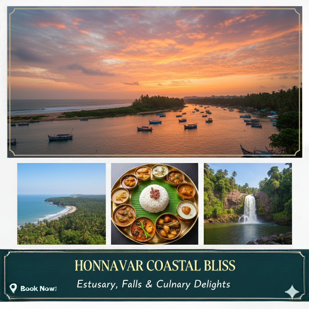 “Honnavar tour package – Eco Beach, Sharavathi Backwaters, Mangrove Boardwalk, and scenic coastal views.”