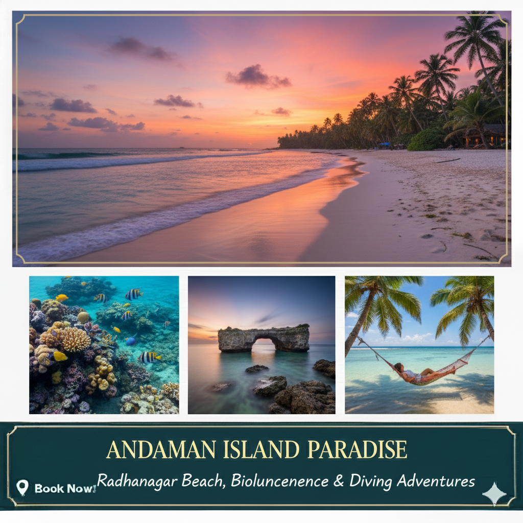 “Andaman and Nicobar tour package – Radhanagar Beach, Havelock Island, cellular jail, and turquoise waters.”