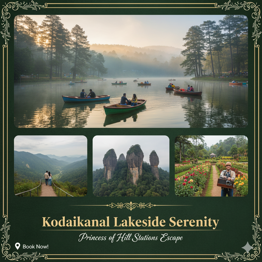 “Kodaikanal tour package – Kodaikanal Lake, Coaker’s Walk, Pillar Rocks, and scenic hill views.”