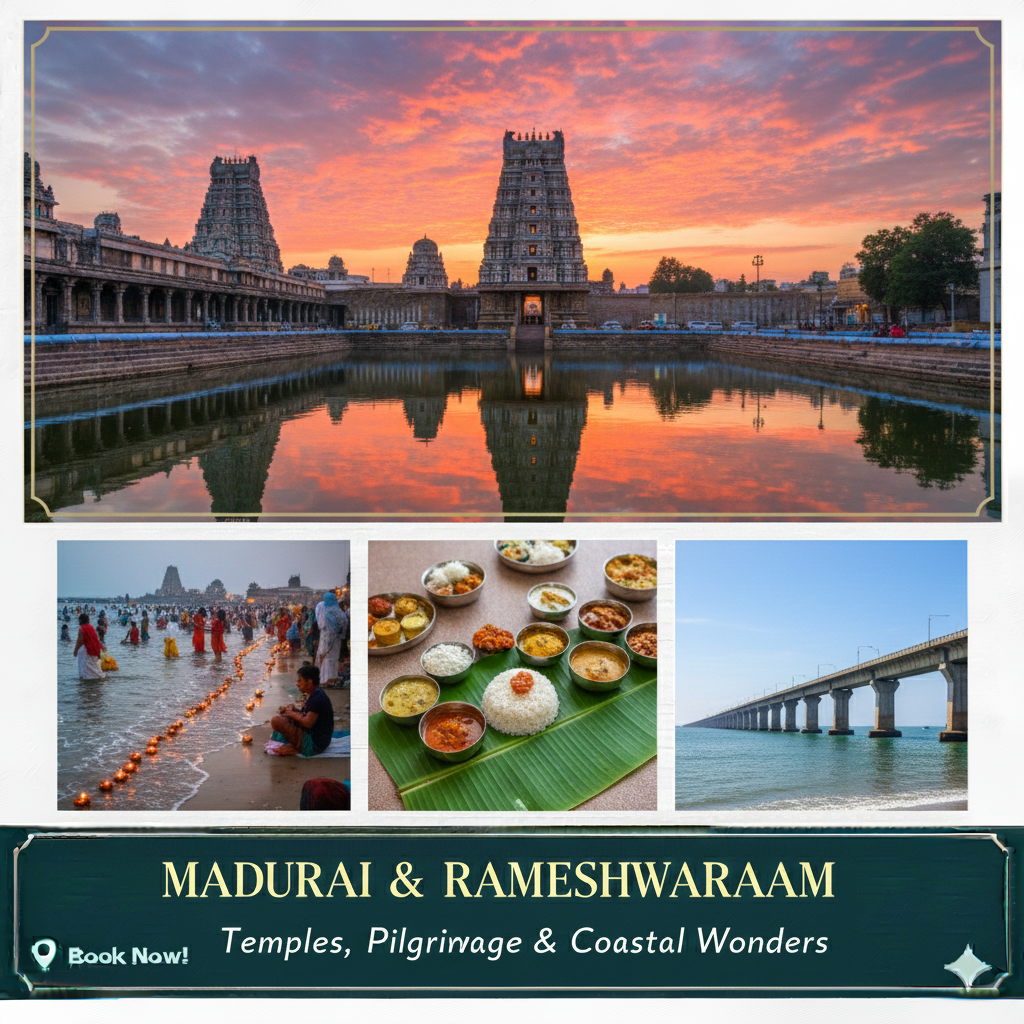 “Madurai Rameshwaram tour package – Meenakshi Temple, Ramanathaswamy Temple, Pamban Bridge, and Dhanushkodi.”