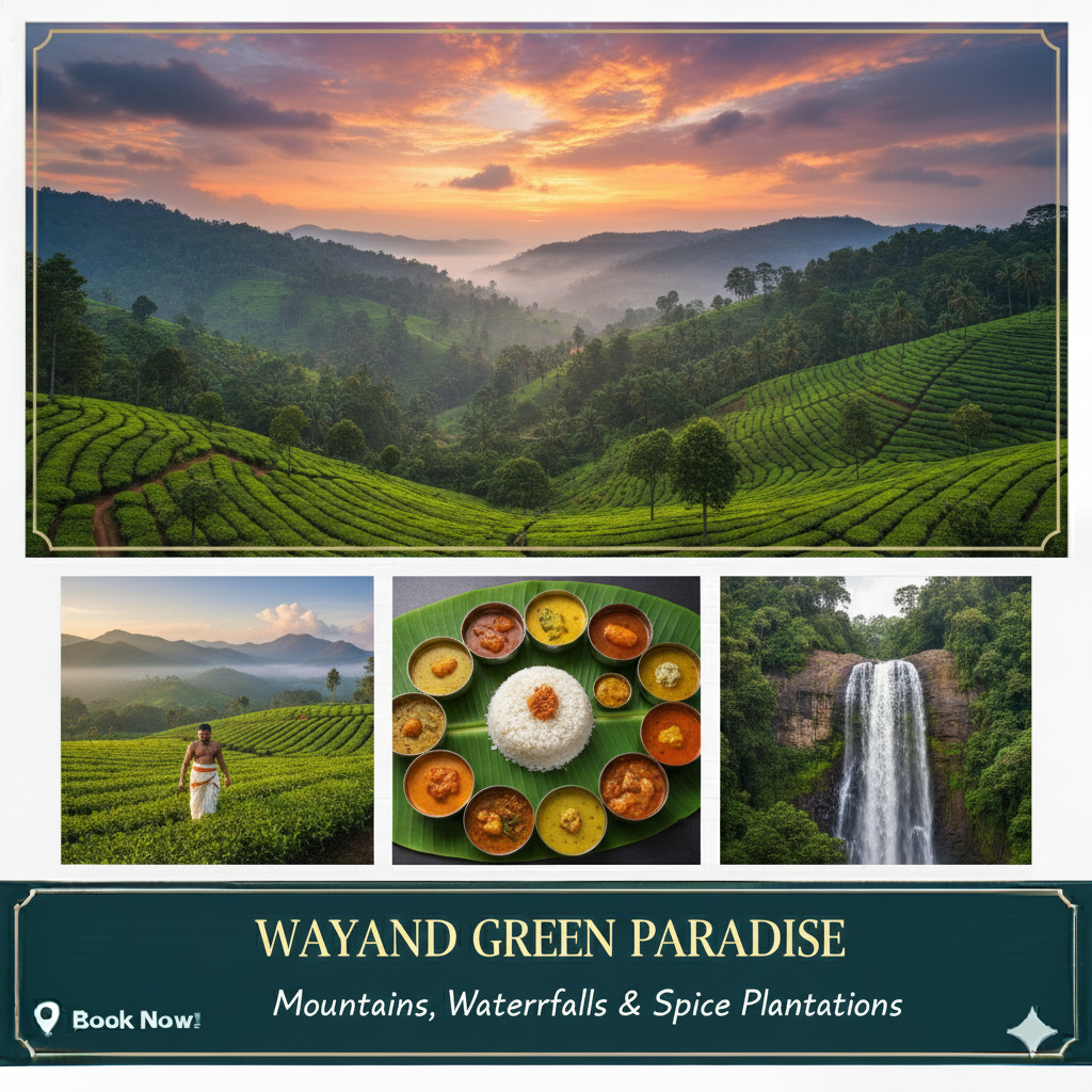 “Wayanad tour package – Edakkal Caves, Banasura Sagar Dam, Soochipara Falls, and lush green hills.”