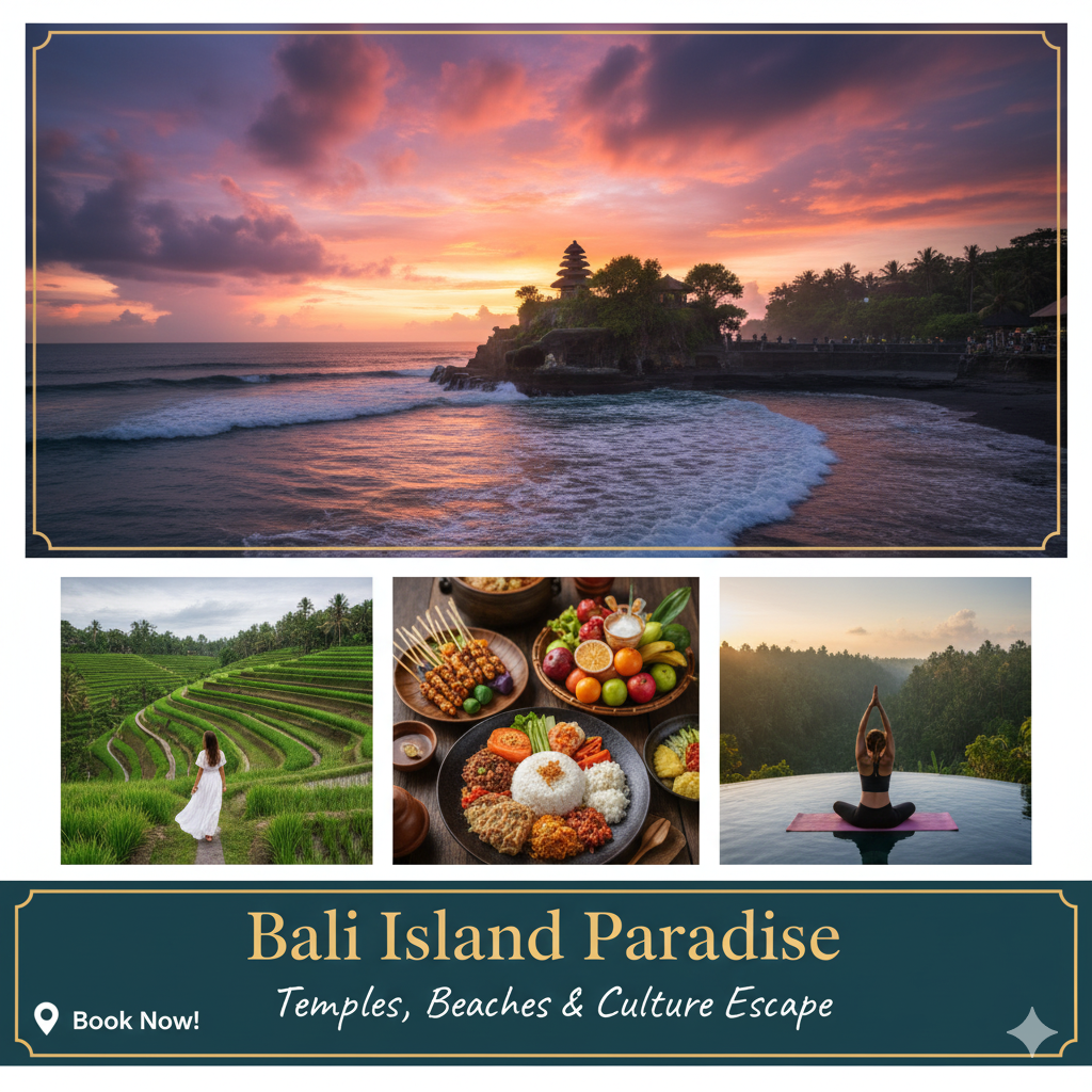 “Bali tour package – Ubud, Kuta Beach, Tanah Lot, rice terraces, and cultural experiences.”