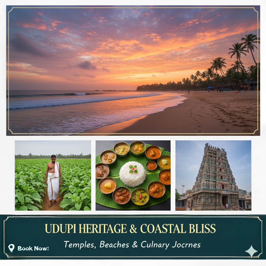 “Udupi tour package – Sri Krishna Temple, Malpe Beach, St. Mary’s Island, and coastal sightseeing.”