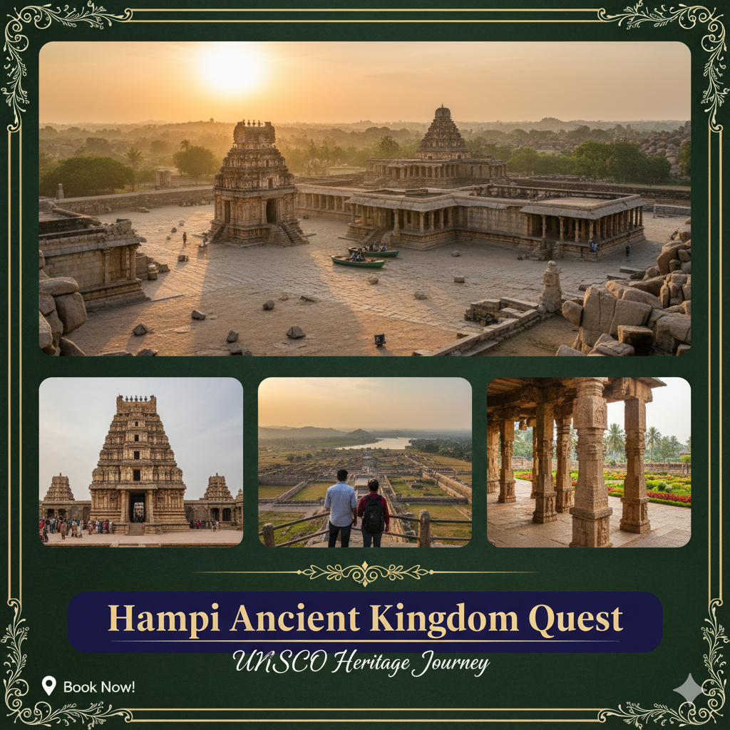 “Hampi tour package – Virupaksha Temple, Vittala Temple, Stone Chariot, and ancient ruins.”