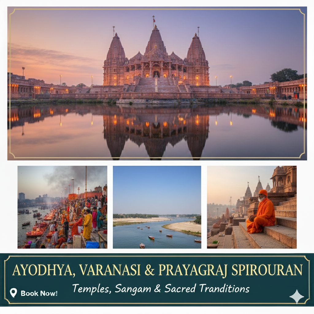 “Ayodhya, Varanasi and Prayagraj tour package – temples, ghats, Kashi Vishwanath, and Sangam visit.”