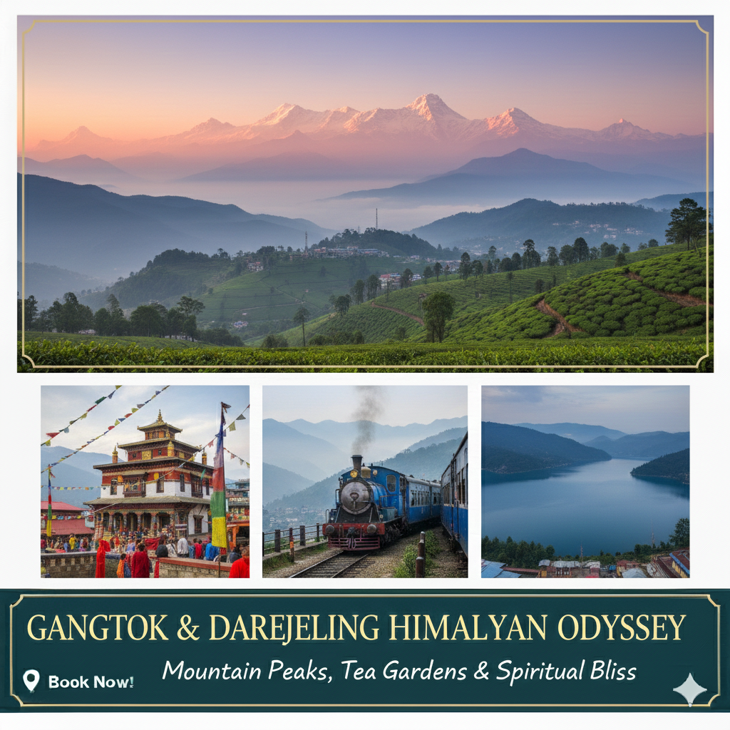 “Gangtok and Darjeeling tour package – monasteries, tea gardens, Tiger Hill sunrise, and scenic hill views.”