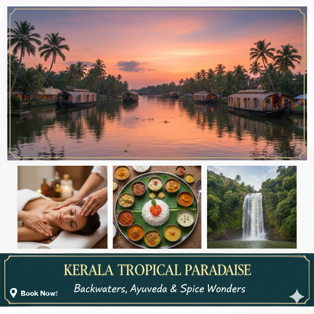 “Kerala tour package – backwaters, houseboats, Munnar tea plantations, and hill stations.”