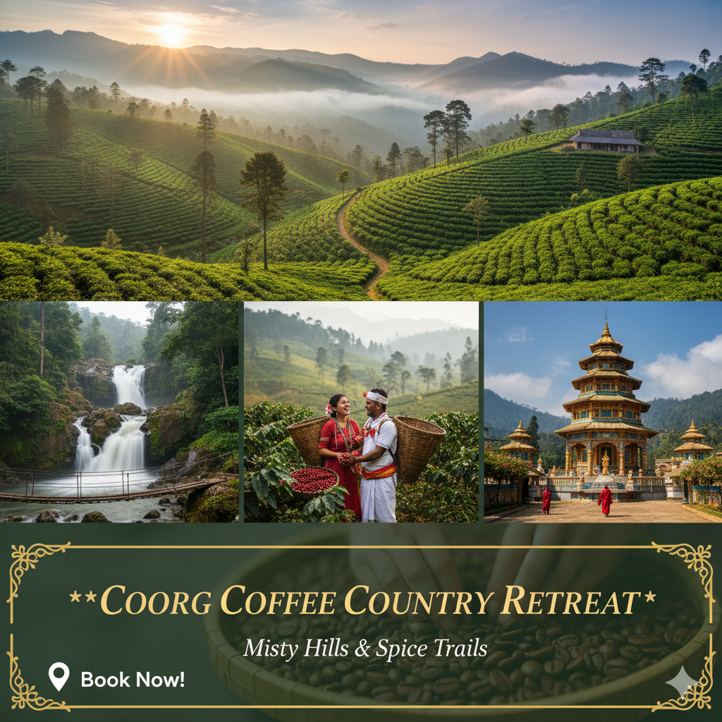 “Coorg tour package – coffee plantations, Abbey Falls, Raja’s Seat, and scenic hills.”