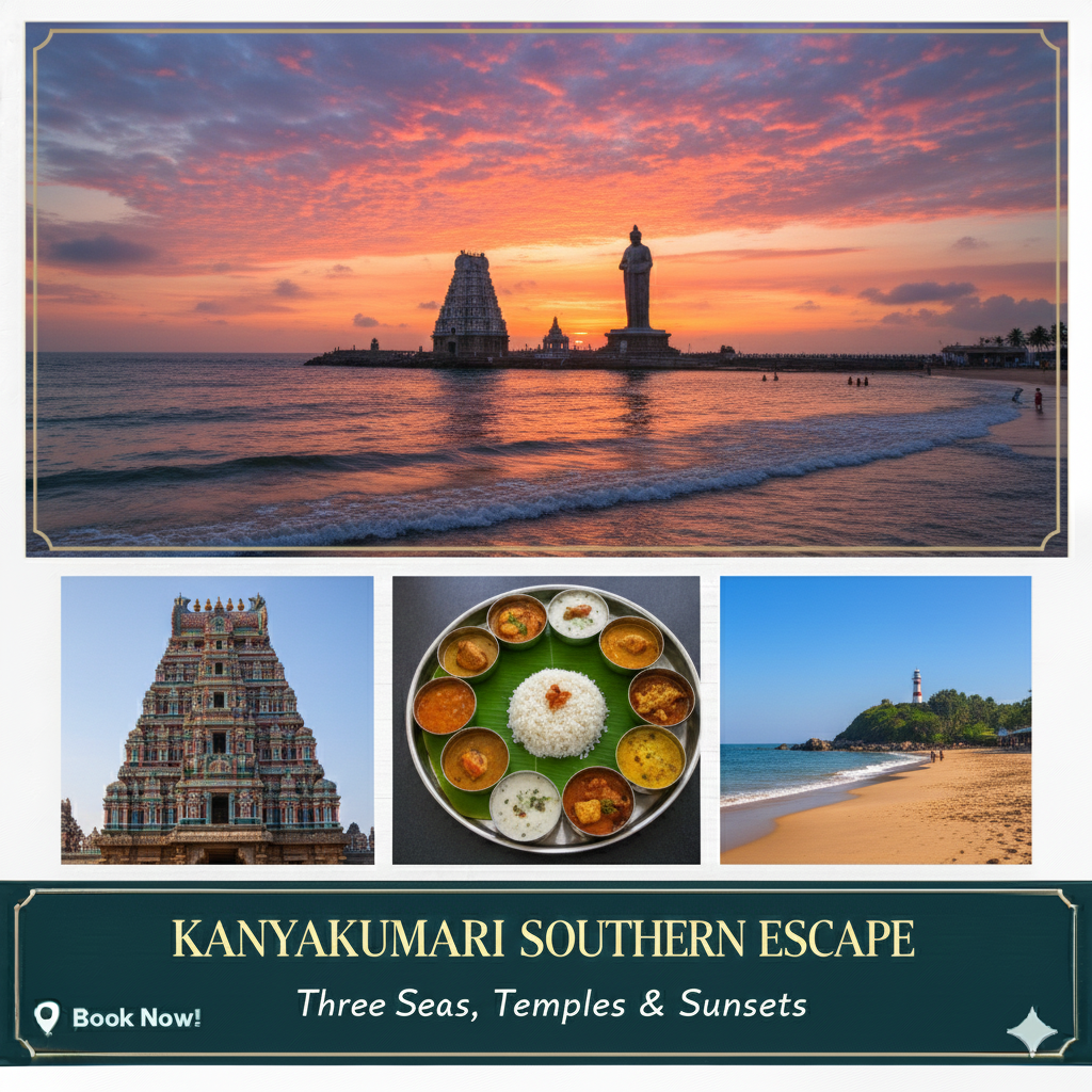 “Kanyakumari tour package – Vivekananda Rock Memorial, Thiruvalluvar Statue, and sunrise viewpoint.”