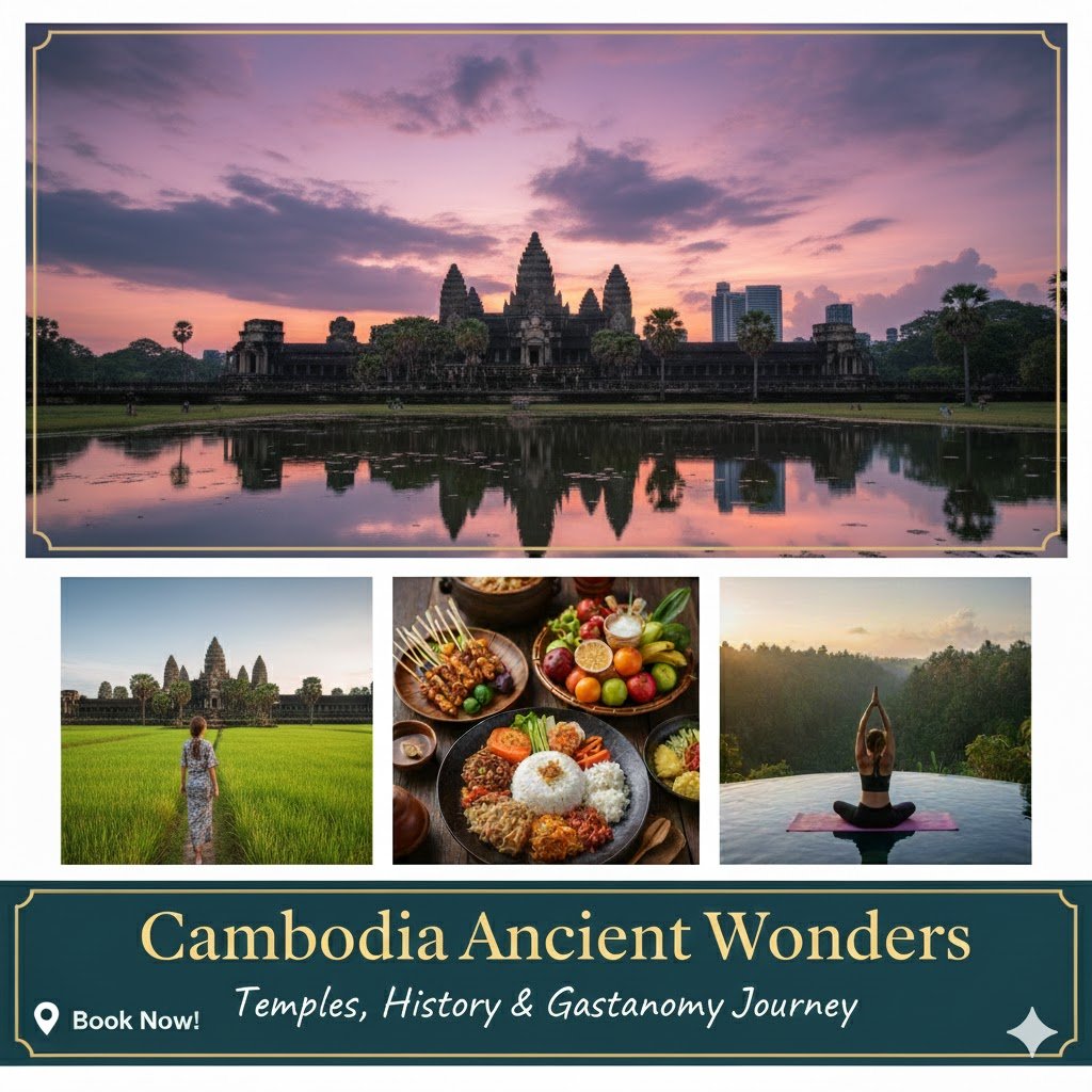 “Cambodia tour package – Angkor Wat, Bayon Temple, Ta Prohm, and Siem Reap sightseeing.”