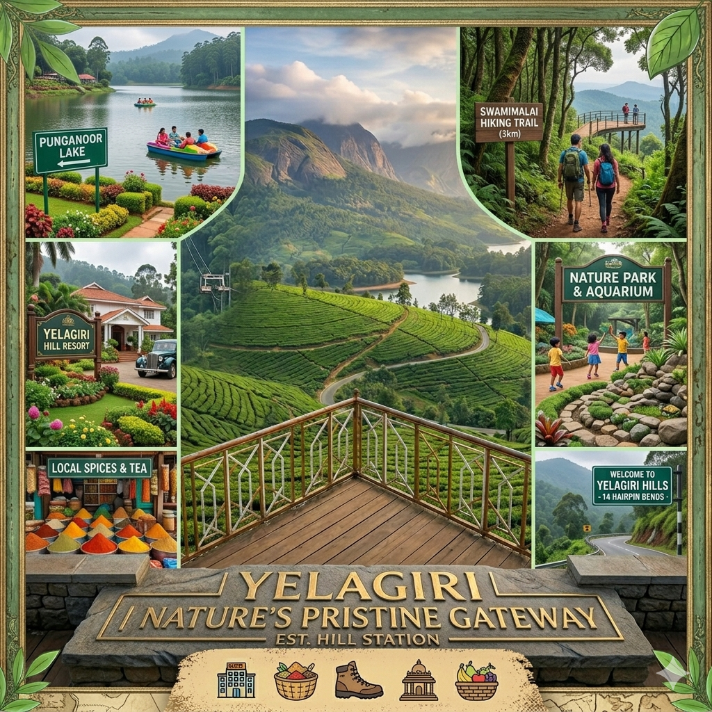 Scenic view of Yelagiri hills with lush greenery, lake, and peaceful surroundings