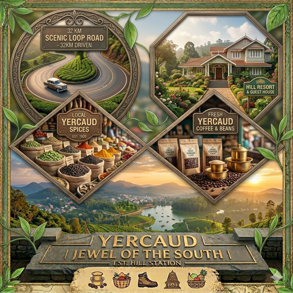 Scenic view of Yercaud with lush green hills, coffee plantations, and serene lake